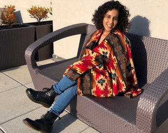 ZooFleece Orange Southwestern Aztec Tribal Indian American Women’s Poncho Cape