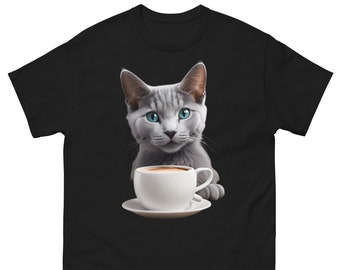 Cat Coffee Cup Cats Russian Blue Eyed Kitten Kitty Unisex T-Shirt S-5X