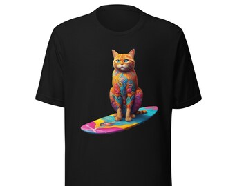 Puede incluir: Una camiseta negra con una ilustración colorida de un gato con tatuajes montando una tabla de surf.