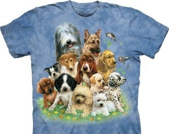 Puppies In Grass Cute Dogs German Shepherd Basset Hound Collie Dalmatian Poodle Sheepdog The Mountain Blue Butterfly T-Shirt S-3X
