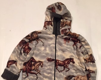 ZooFleece Horse Cloud Winter Child Horses Kids Boys Girls Gray Reversible Jacket Hooded Coat