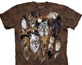 The Mountain Zoo World of Animals Feather Wolf Bear Owl Bison Eagle Deer Bison Fox Husky Brown Cotton Adult T-Shirt S-4X