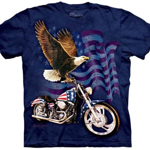 American Bald Eagle Harley Davidson Motorcycle Born To Ride Bird Wild Animal Flag Eagles The Mountain Blue Cotton Adult T-Shirt S-M