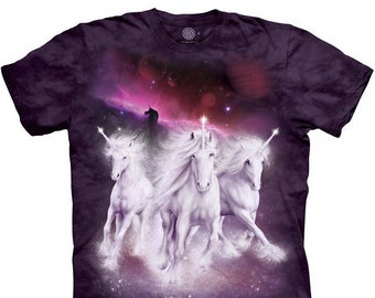 Licorne Cosmic Space Fantasy Cheval Corne Mythique Légendaire Créature Magique T-Shirt Montagne Violet Animal Coton S-5X