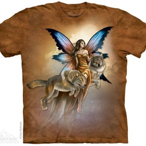 Fairy Spirited Companions Wolf Magical Wings Fantasy Beautiful Mythical Spirit Cotton Adult Mountain T-Shirt S-3X