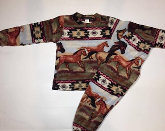 Kids Plush Comfortable Aztec Horse Fleece PJ's Winter Warm Pajamas Equestrian Best Friend Gift Birthday Children