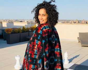 Zoofleece Black Red Southwestern Aztec Tribal Indian American Women’s Poncho Cape