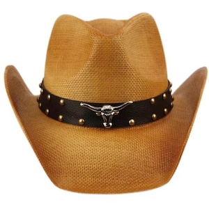 Cappello da cowboy in paglia con borchie in pelle, stile western, da concerto, rodeo, da equitazione, da uomo