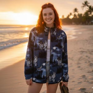 ZooFleece Blå Wolf Moon Fleece Vinterjacka med Ylande Vargar S-3X