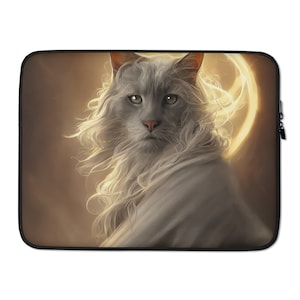 Può includere: Un gatto bianco con una lunga e fluida pelliccia, che guarda direttamente lo spettatore. Il gatto ha gli occhi verdi e un'aureola di luce dietro di lui. Lo sfondo è un morbido marrone dorato.