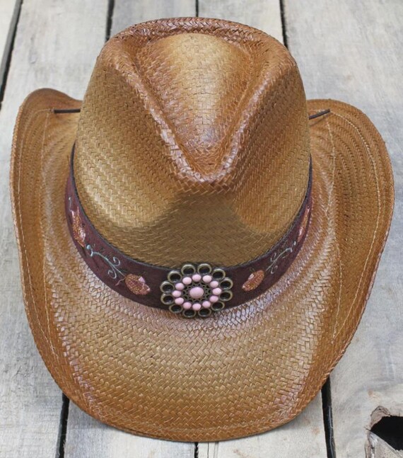 Pink Flower Cowgirl Cowboy Hat Straw Leather Studded Western  display picture 1