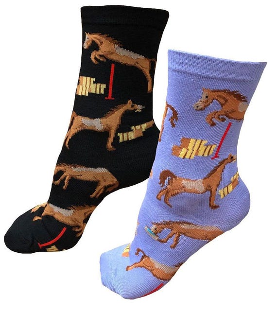 Foozys Women's Horse Jumping Socks – 2 Pairs – Brown Horse Print, Black & Lavender