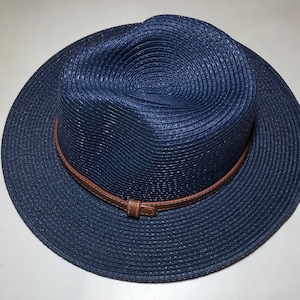 Panama Leather Belt Fedora Navy Blue Beach Unisex Packable Adjustable Paper SPF50 Sun Hat