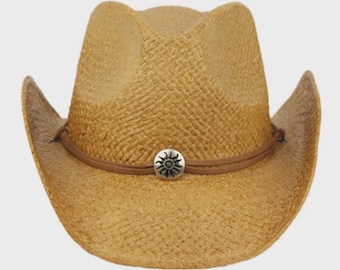 Cowboyhatt Solhatt med halm, lädernitt, Westernkonsert, rodeo, ridning, cowgirl, unisex solhatt
