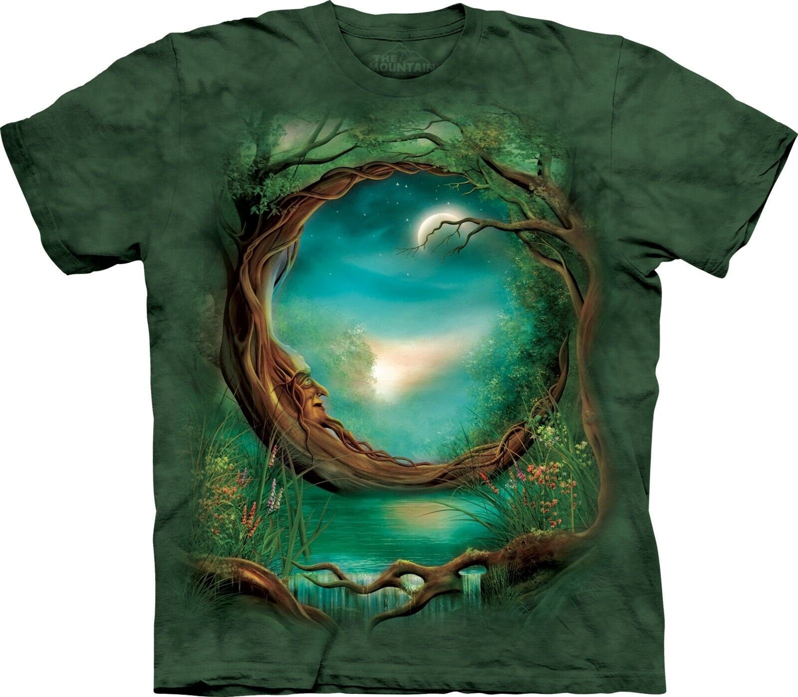 Mond Baum Fantasie Wald Mond Mythischer magischer Geist wilder grüner Baumwolle Berg T-Shirt S-3X