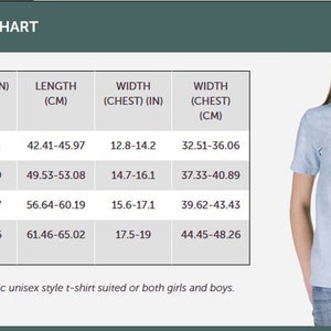 May include: Kids' t-shirt size chart with measurements in inches and centimeters. The chart shows the length and width (chest) for sizes S (2-4 years), M (6-8 years), L (10-12 years), and XL (14-16 years).