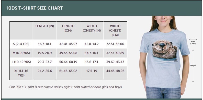 May include: Kids' t-shirt size chart with measurements in inches and centimeters. The chart shows the length and width (chest) for sizes S (2-4 years), M (6-8 years), L (10-12 years), and XL (14-16 years).