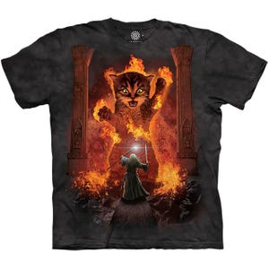 May include: Dark gray t-shirt featuring a fantasy scene. A giant cat engulfed in flames looms over a wizard holding a sword and staff. The cat has a fierce expression, and the scene is set within a stone archway.