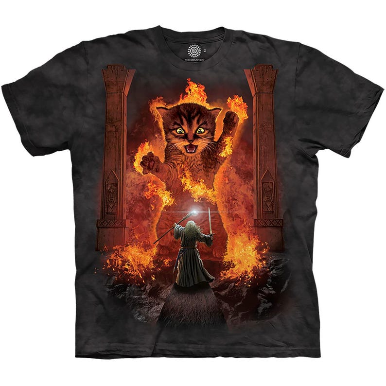 May include: Dark gray t-shirt featuring a fantasy scene. A giant cat engulfed in flames looms over a wizard holding a sword and staff. The cat has a fierce expression, and the scene is set within a stone archway.