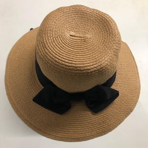 Beach Black Bow Church Cloche Straw Floppy Women&#39;s Toast Natural Sun Hat SPF50
