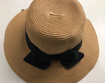 Beach Black Bow Church Cloche Straw Floppy Women's Toast Natural Sun Hat SPF50
