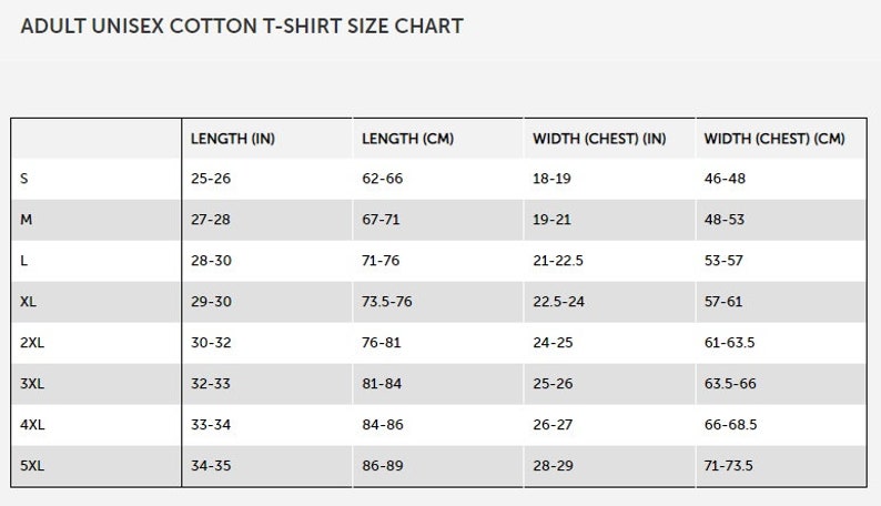 May include: A size chart for adult unisex cotton t-shirts. The chart shows the length and width of the shirts in inches and centimeters for sizes S through 5XL.