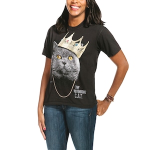 May include: A black t-shirt with a gray cat wearing a gold crown and a gold chain. The text "THE NOTORIOUS C.A.T." is printed on the shirt.