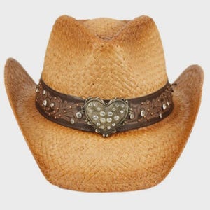 Unisex Dark Brown Embossed Leather Western Hat with heart & Studded Band Brown Suede Western Cowboy Hat With Studded Leather Band and  main image 2