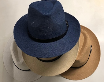 Kapelusz przeciwsłoneczny Fedora z paskiem skórzanym Panama, plażowy, unisex, wytrzymały i regulowany, papierowy, z filtrem SPF50