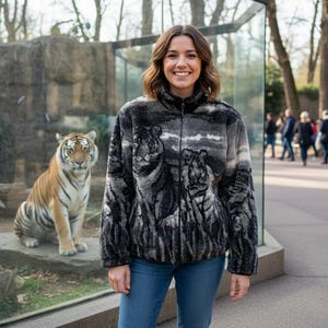 ZooFleece Snow Tigers Fleece Berber Jacket Big Cat Tiger Amur Feline Winter Warm Exotic Jungle Africa Sweater S-2X