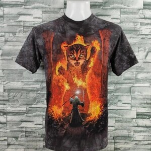 May include: A short-sleeved, dark gray t-shirt featuring a fantasy scene. The graphic depicts a fiery cat with a wizard holding a staff. The cat is surrounded by flames, and the wizard stands in front of it.