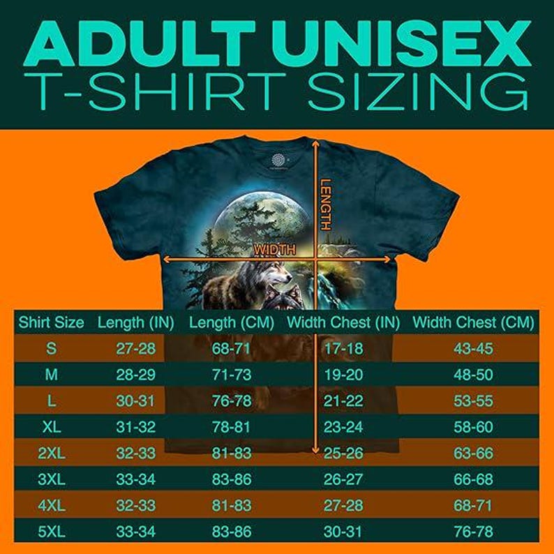 May include: A dark teal t-shirt featuring a graphic of wolves under a full moon. The image includes a sizing chart with columns for Shirt Size, Length in inches, and Width Chest in inches, providing measurements from S to 5XL for adult unisex.