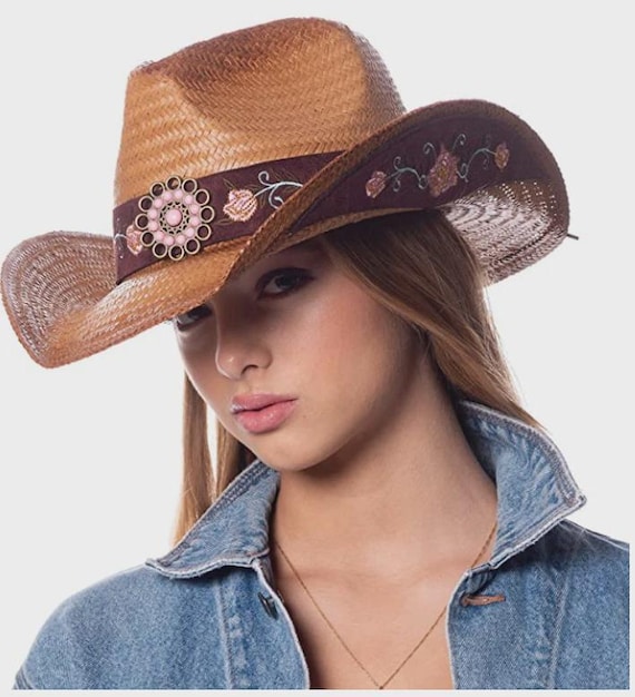 Women\'s Brown Straw Cowboy Hat with Pink Floral Band ? main image 4