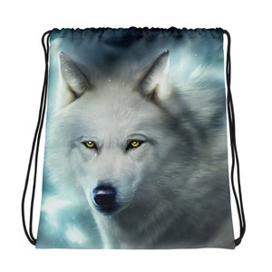 May include: A white wolf with yellow eyes stares intensely at the viewer. The wolf is set against a dark blue background with white clouds and a light blue glow.