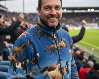 ZooFleece Pferd Blau Fleece Pullover wild laufend galoppierende Pferde Stute Tier Jacke S-3X