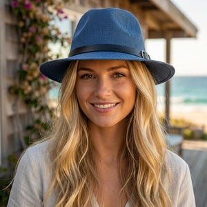 Panama Leather Belt Fedora Navy Blue Beach Unisex Adjustable Paper SPF50 Sun Hat