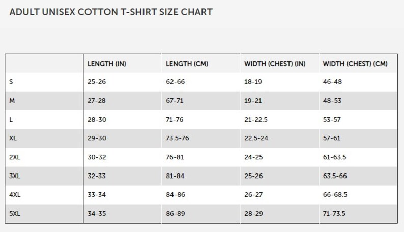 Może przedstawiać: Tabela rozmiar&oacute;w dla bawełnianych t-shirt&oacute;w unisex dla dorosłych. Tabela pokazuje długość i szerokość koszulek w calach i centymetrach dla rozmiar&oacute;w od S do 5XL.