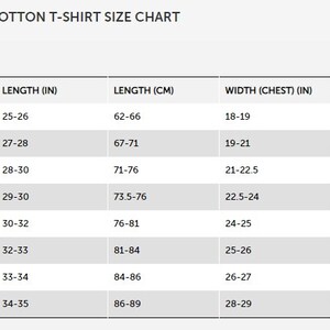 May include: A size chart for adult unisex cotton t-shirts. The chart shows the length and width of the shirts in inches and centimeters for sizes S through 5XL.