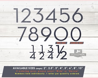 May include: Black metal house numbers 1 through 6 and 7 through 0, including a wide and narrow zero. The numbers are available in sizes 2 inches to 10 inches. The text "AVAILABLE SIZES (Height): 2", 2.5", 3", 4", 5", 6", 8", 10" If ordering zeros, please select "Wide" or "Narrow" Numbers Sold Individually. 1 letter per quantity ordered." is also visible.