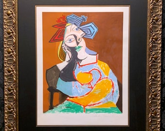 PICASSO Lithograph "Femme accoudee, au drapeau bleu et rouge", signed COA