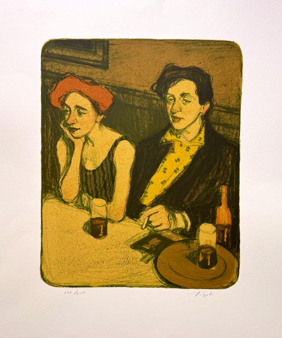 MALCOLM LIEPKE "Couple in Cafe" Original limited edition lithograph