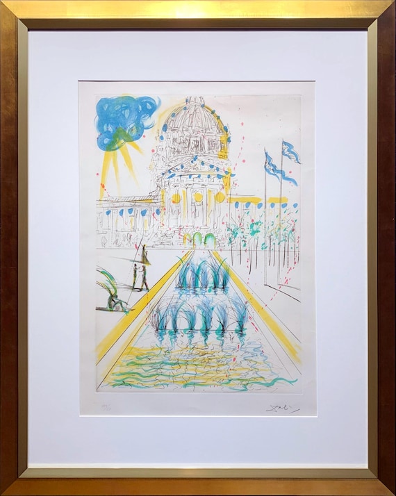 SALVADOR DALI "City Hall, San Francisco" Original limited edition etching with color added by Dali
