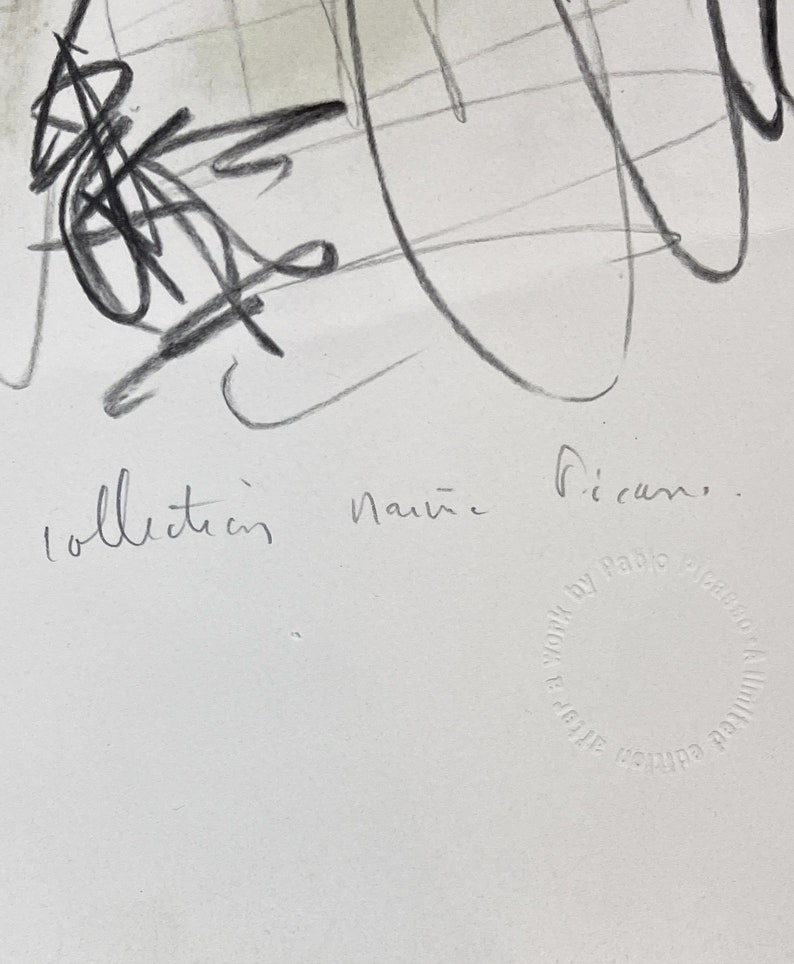 May include: A white paper with a pencil sketch of abstract lines and shapes. The words "collection naive" are handwritten in pencil. The name "Picasso" is also visible. A circular stamp reads "After E Work by Pablo Picasso A Limited Edition."