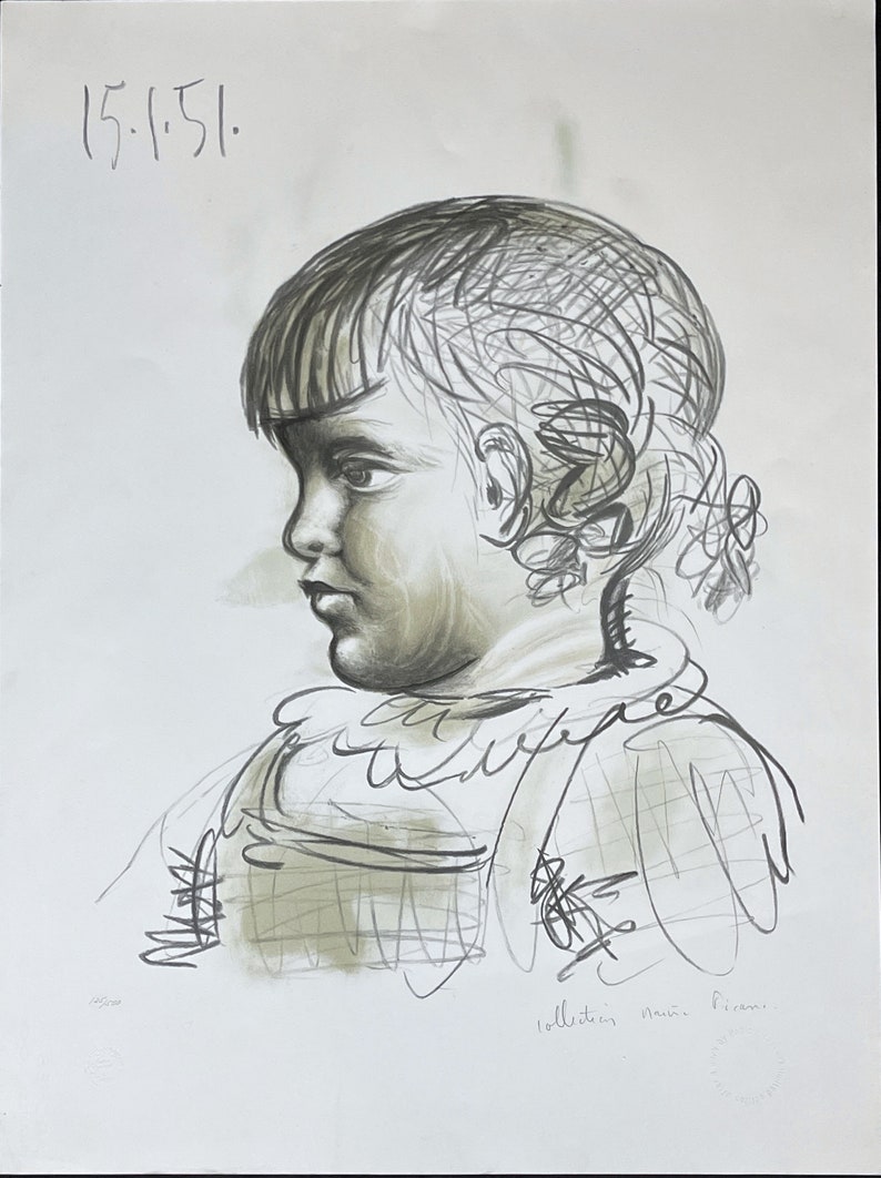 May include: A charcoal sketch of a young child in profile, with detailed shading and line work. The artwork features the date "15.1.51" at the top and the text "collection Marie Picasso" at the bottom. The child's hair is styled with bangs and curls.