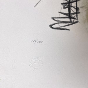 May include: A white paper with a charcoal drawing of abstract shapes. The number "125/500" is written in the lower center. A circular embossed stamp is in the lower left corner.