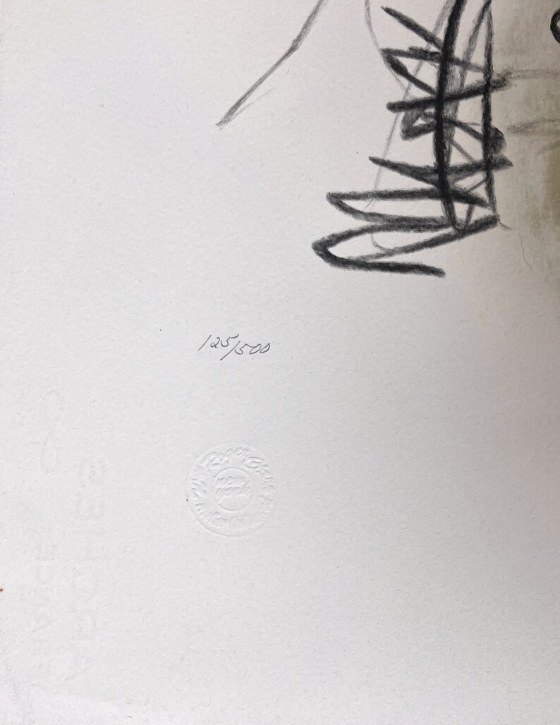 May include: A white paper with a charcoal drawing of abstract shapes. The number "125/500" is written in the lower center. A circular embossed stamp is in the lower left corner.