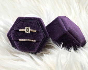 Deep Purple Velvet Ring Box Hexagon Double Slot for Jewelry Photos Keepsake, Wedding Rings, Weeding Photos Gift Box