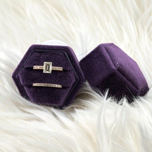 Deep Purple Velvet Ring Box Hexagon Double Slot for Jewelry Photos Keepsake, Wedding Rings, Weeding Photos Gift Box