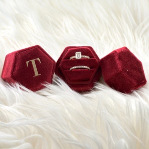 Red Velvet Ring Box Hexagon Single Or Double Slot for Engagement and Wedding Elegant Keepsake Box, Bridal Photo Detail Props