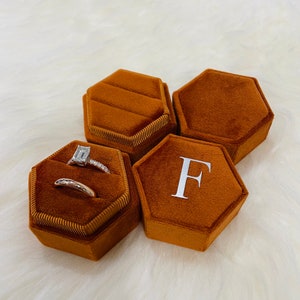 Burnt orange Hexagon Velvet Ring Box Double Slot Engagement Ring, Bridal Photo Detail Props,Keepsake, Monogram Box Heirloom